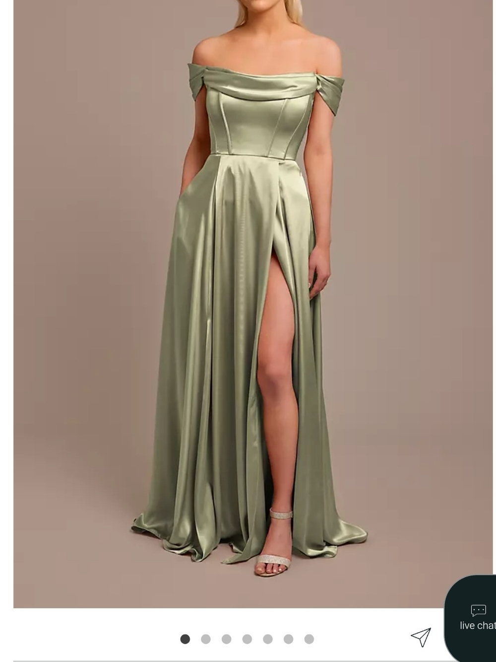 Galina Signature Off-Shoulder Sage Green Satin Evening Gown with High Slit